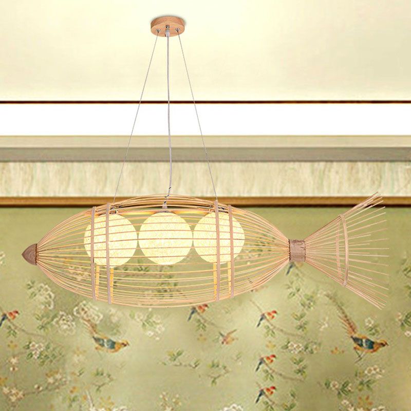 Fish-Shaped Bamboo Chandelier Lighting Minimalist Wood Pendant Light for Corridor