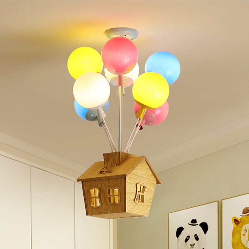 Semi-plafonnier pour chambre d'enfant, ballon en verre bleu-rose-jaune, 6 lumières, plafonnier pour enfants avec maison en bois