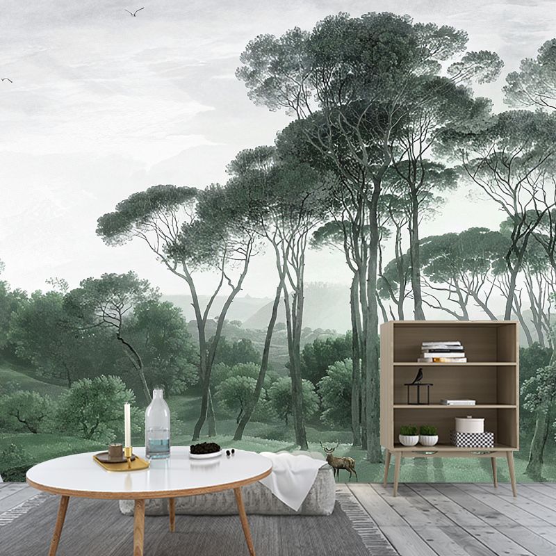 Illustration Style Mural Wallpaper Tall Tree and Grass Giant Wall Covering for Decor, Customized Size Available