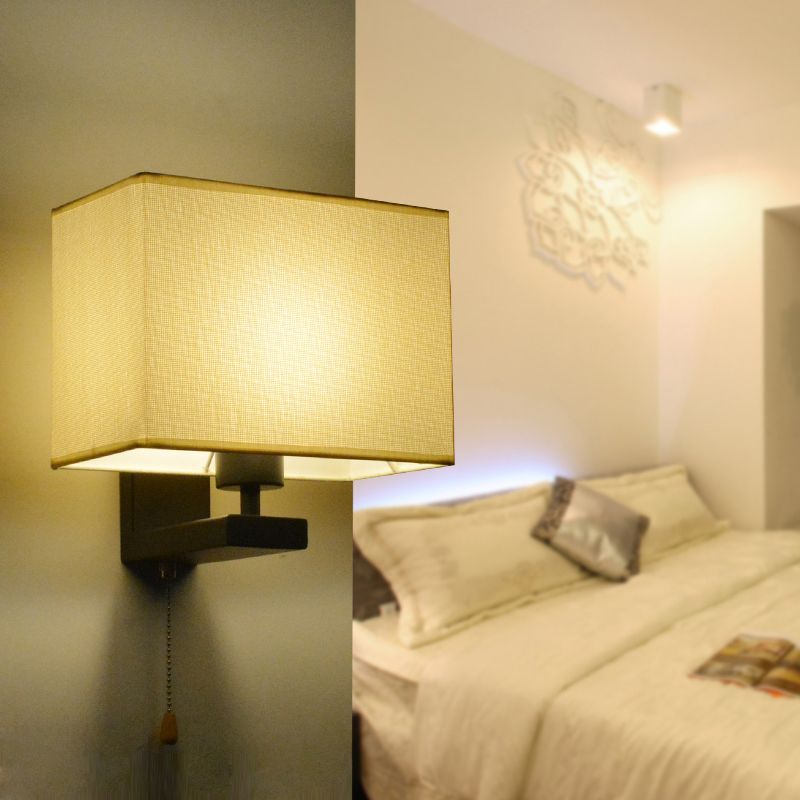 Fabric Rectangle Wall Lamp Simple Style 1 Bulb Beige Wall Light Fixture for Bedside