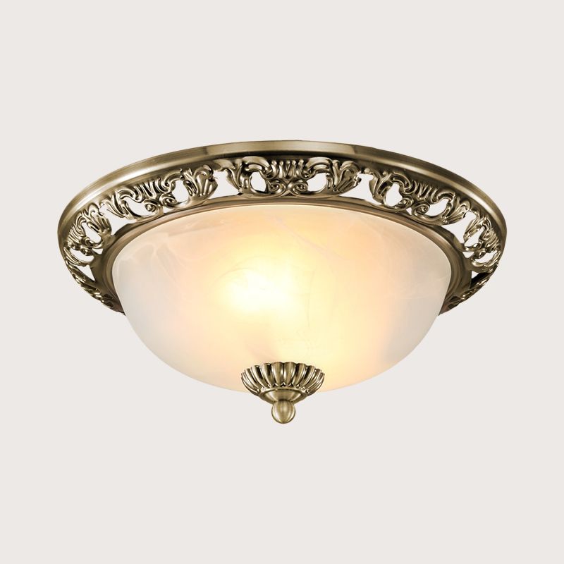 Bowl Shade Opal Glass Flush Ceiling Light Countryside 3-Head Living Room Metal Flush Mount Fixture in Bronze/Copper, 12"/16"/19.5" Wide