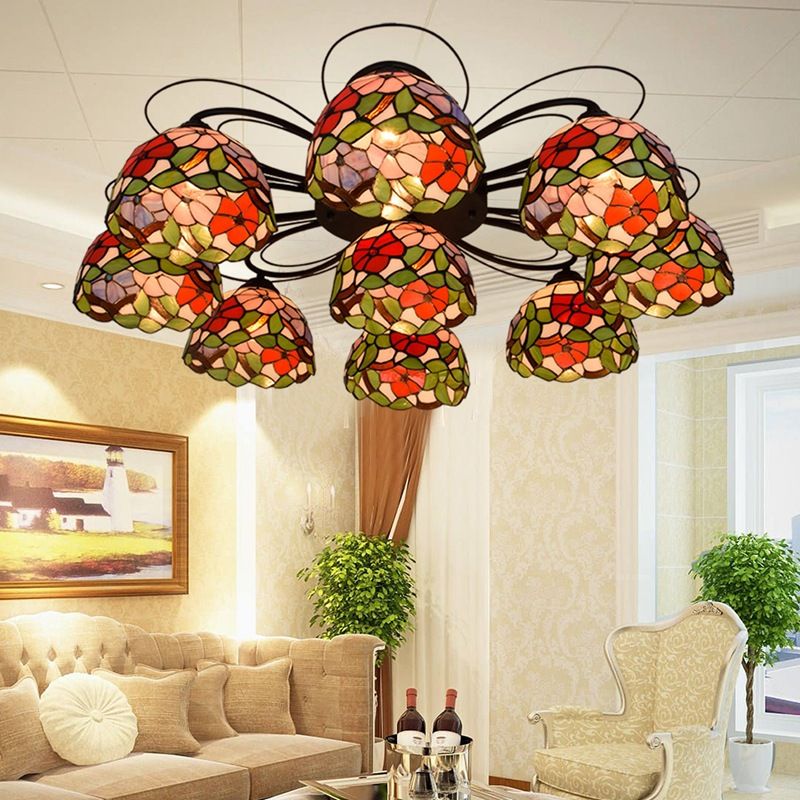Orange Peony Ceiling Light Tiffany 3/7/9 Heads Multicolored Stained Glass Semi Flush Mount Lighting