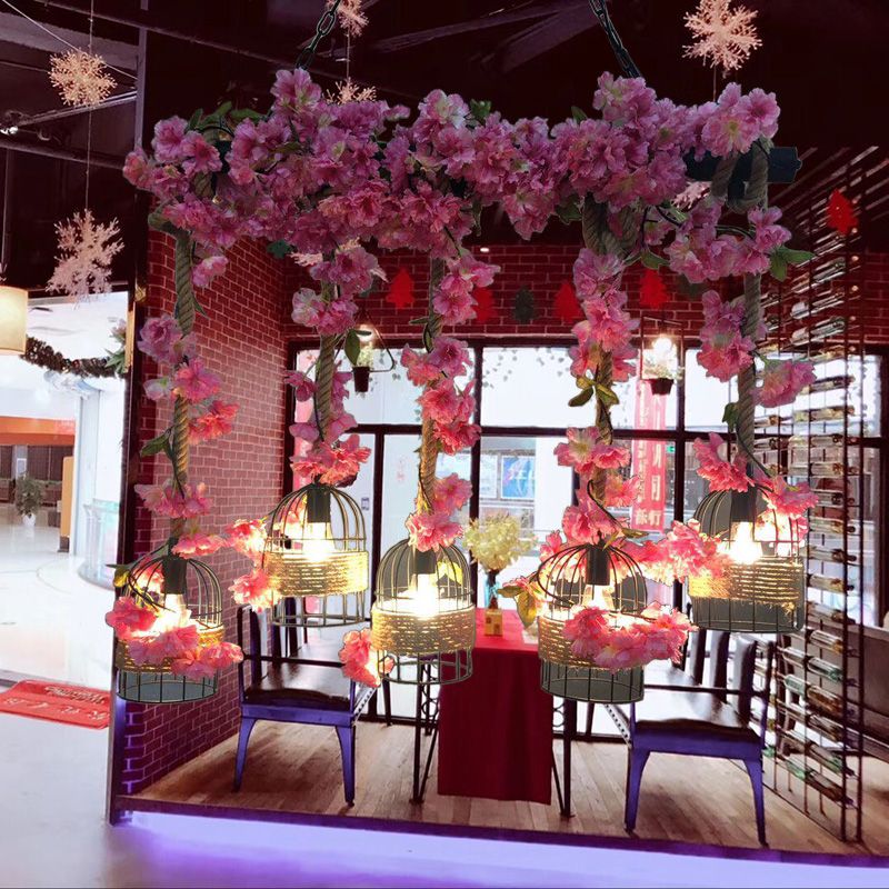 Metal Black Island Pendant Light Cage 5 Bulbs Industrial Flower Hanging Lamp Kit for Restaurant