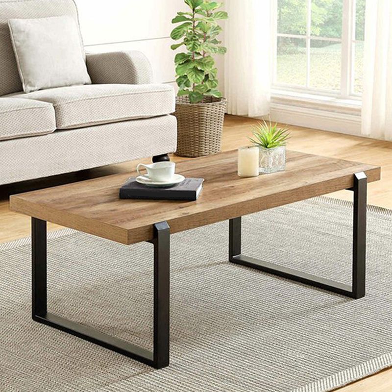 Scandinavian Coffee Table with Rectangle Solid Wood Top and Iron Sled Base