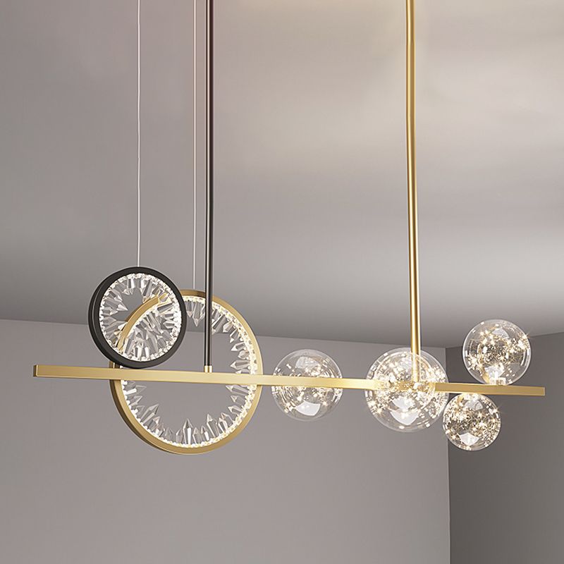 Glass Spherical Island Light Modern Gold LED Hanging Light with Crystal Accents