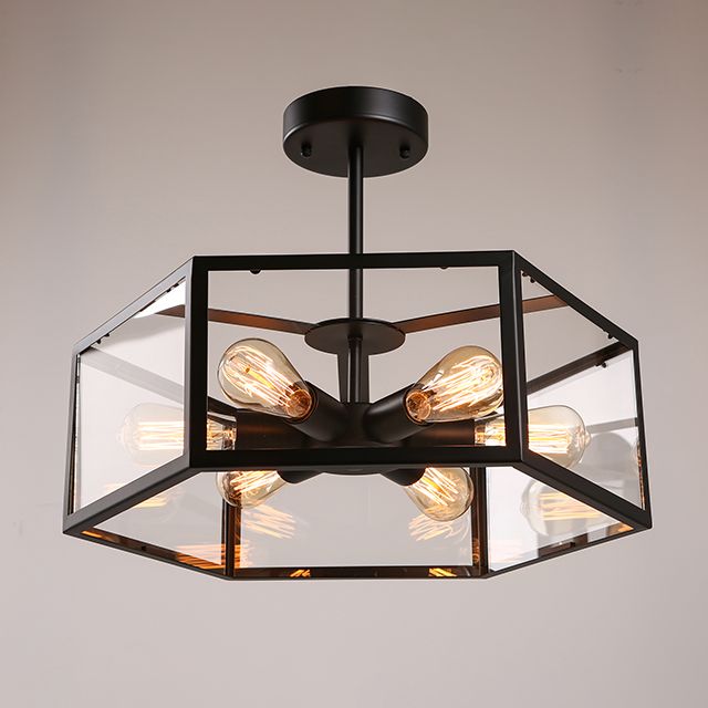 Hexagonal Glass Chandelier Light Fixture Industrial 6 Bulbs Suspension Light in Black