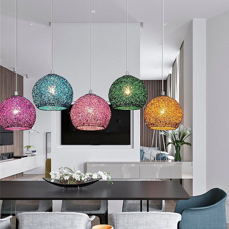 Aluminum Wire Spherical Pendant Macaron Style 1-Light Suspended Lighting Fixture