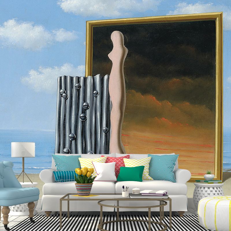 Gelb-blaue surrealistische Wandtapete in Originalgröße, Komposition an einem Meeresufer, Gemälde, Wanddekoration für Zuhause