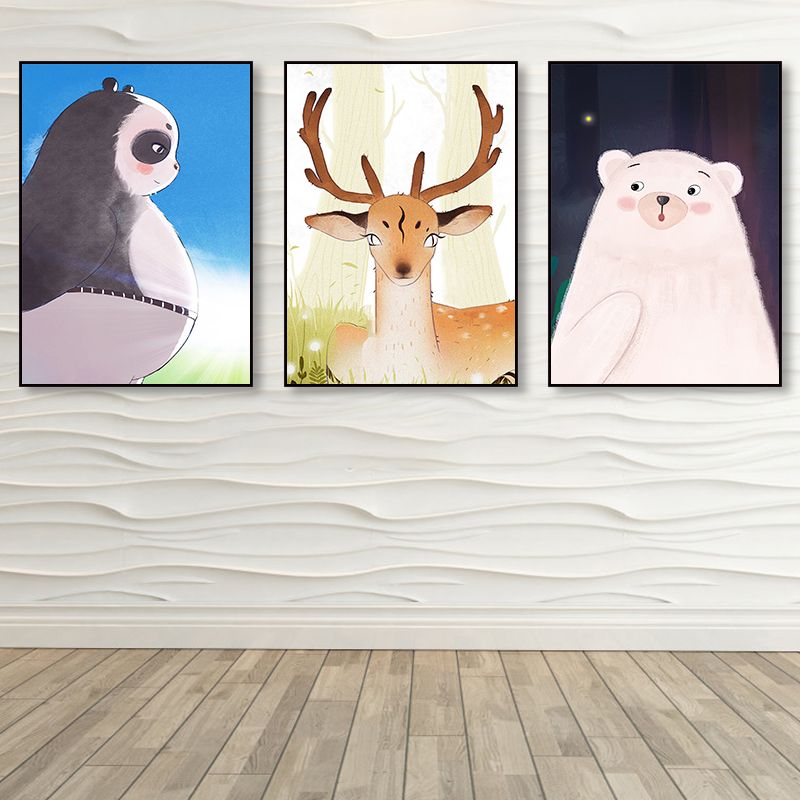 Brown Cartoon Animal Painting Textured Children's Art Living Room Wrapped Canvas, Set of 3