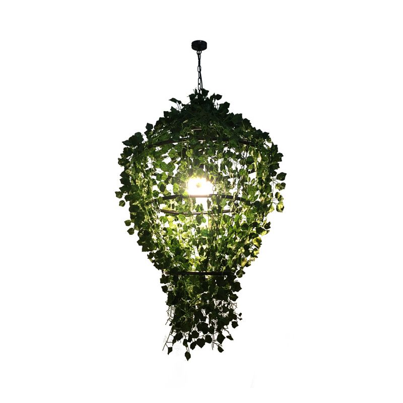 Caged Metal Down Lighting Pendant Retro 1 Bulb Restaurant LED Hanging Ceiling Light in Black with Plant