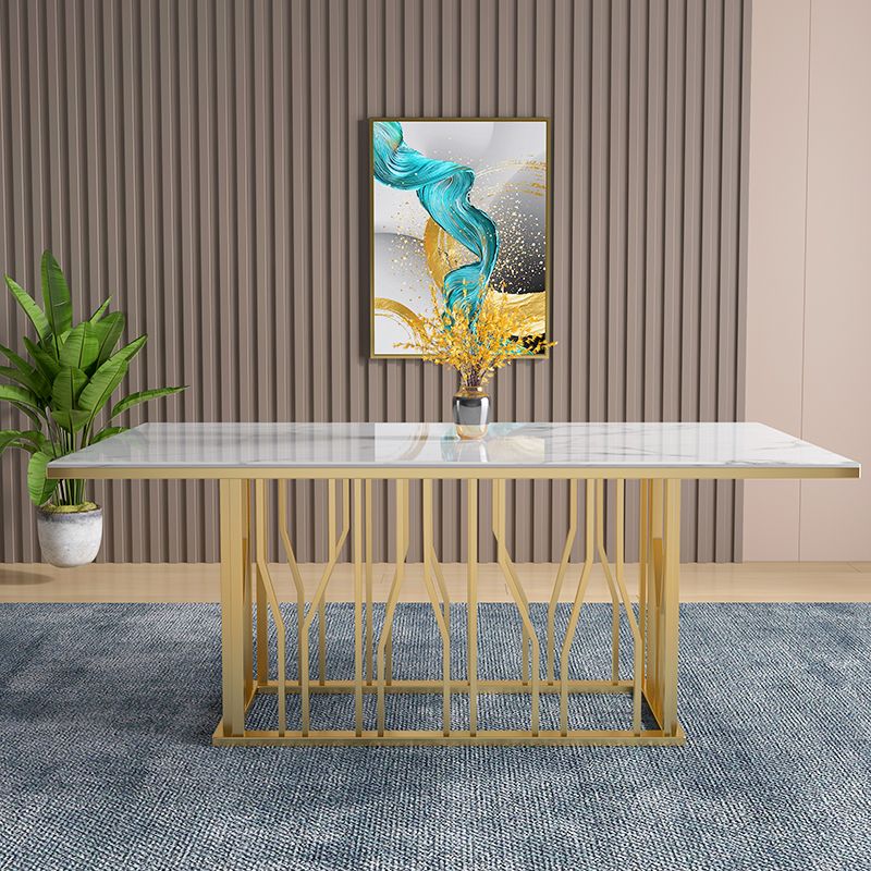 Mesa de comedor rectangular de lujo tradicional de metal, mesa interior con tapa blanca y base de pedestal