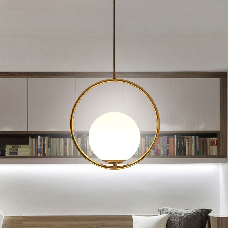 13.7 Inches Wide Golden Ring Hanging Lamp Globe Glass Shade Post-modern Style Hanging Light