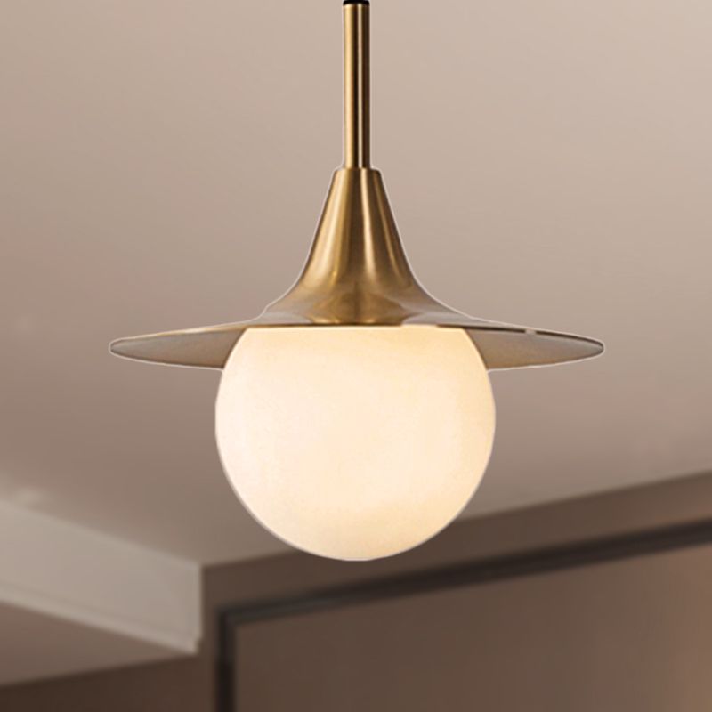1 Light Flared Ceiling Pendant Light with Milk Glass Ball Shade Mid Century Brass Hanging Lamp for Dining Table