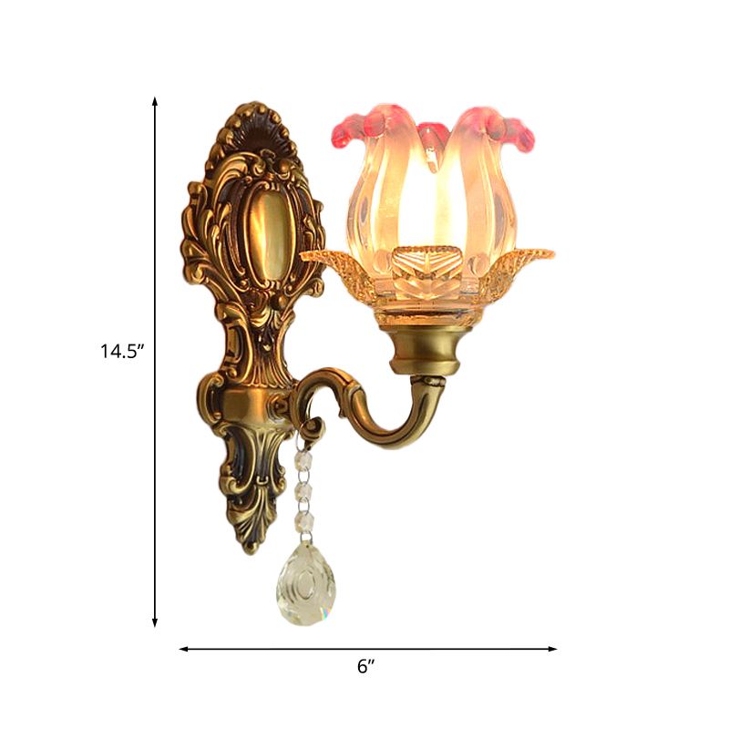 Retro Flower Wall Lighting Ideas 1 Bulb Pink-Clear Fading Glass Sconce Light in Brass