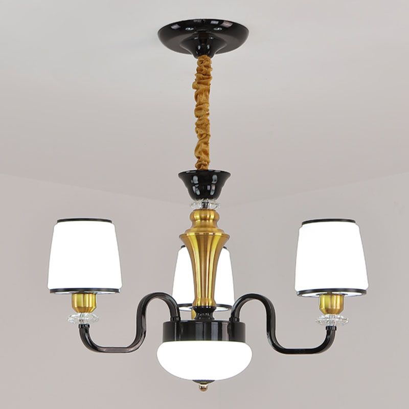 White Glass Barrel Drop Lamp Contemporary Black Chandelier Light Fixture for Dining Room