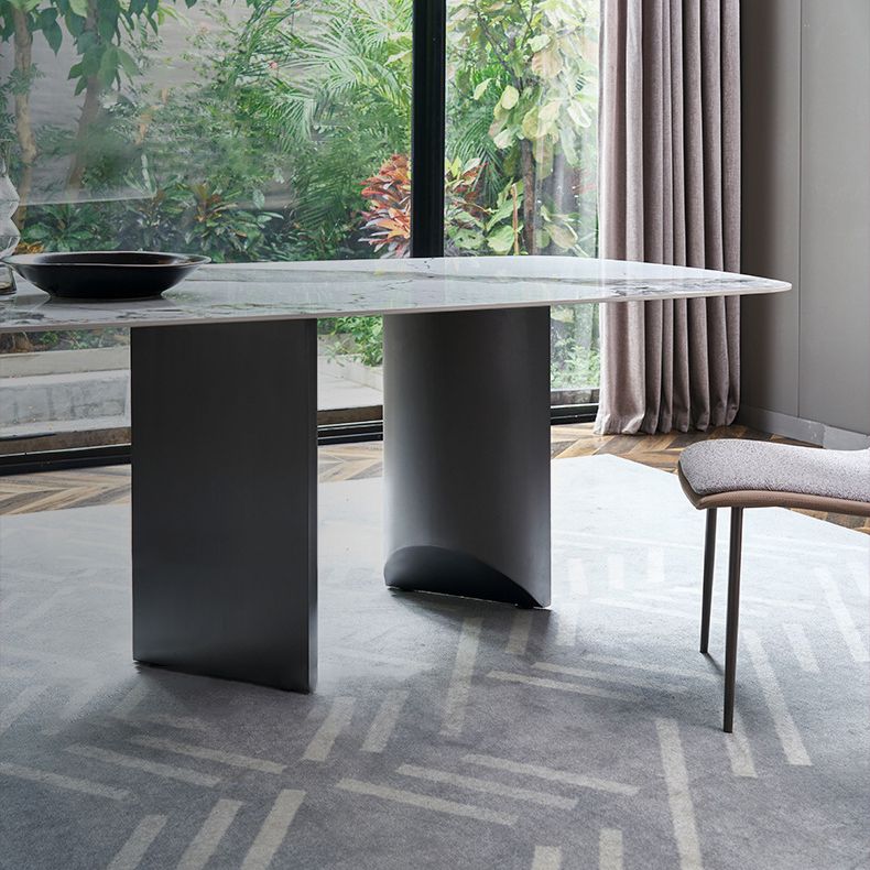 Rectangle Sintered Stone Dining Table Modern Table in White with Metal Double Pedestal