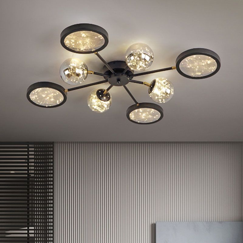 Sputnik Flush Mount Fixture Modernity Amber Glass Black Close to Ceiling Lamp with Glowing String Inside