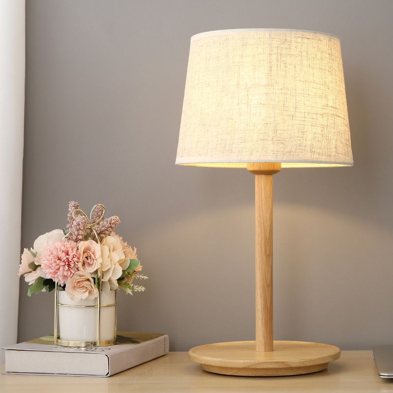 Geometric Table Light Modern Fabric Single Wood Nightstand Lamp in Beige for Bedroom