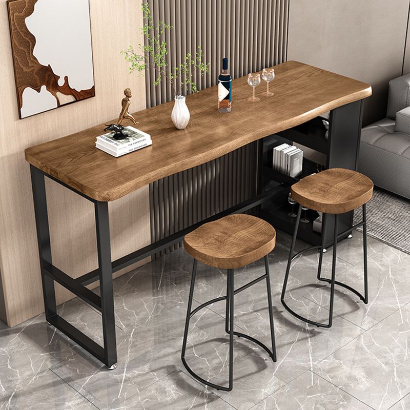 Brown Pine Wood 1/2/3 Pcs Bar Table Set with Wooden Stools for Home