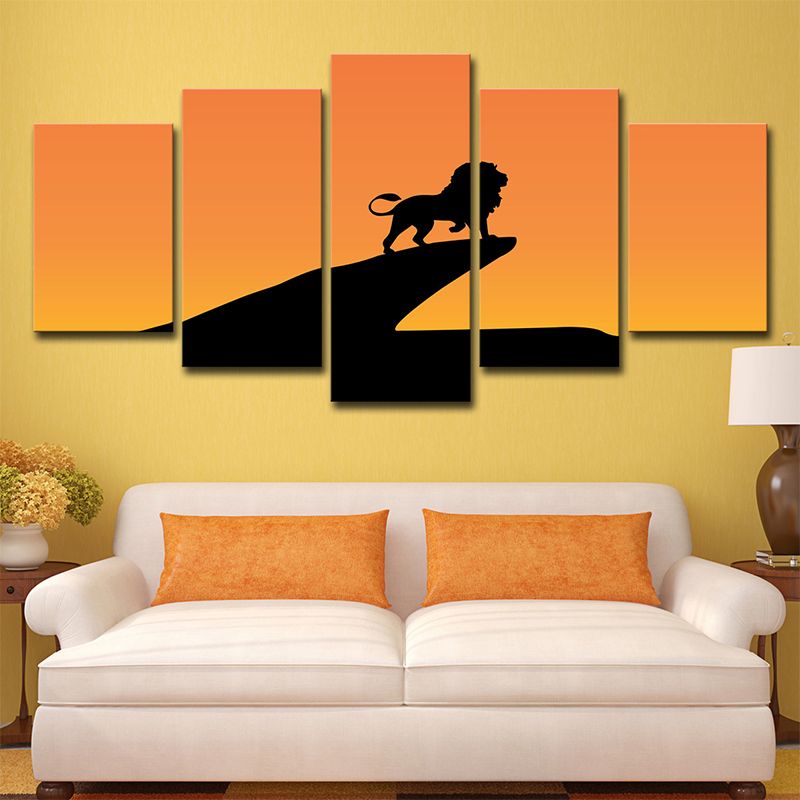 Orange Kids Canvas Print Sunset Lion on Cliff Shadow Wall Art for Sitting Room