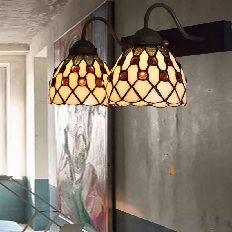 Beige Glass Black Wall Mounted Light Dome 2 Heads Tiffany Sconce Lighting with Pull Chain