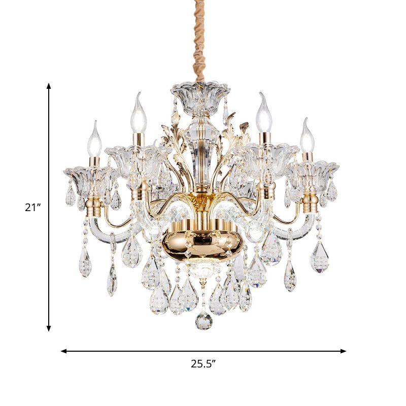 Clear Crystal Teardrop Chandelier Light Classic 6/8-Light Bedroom Hanging Pendant in Gold with Twisted Arm