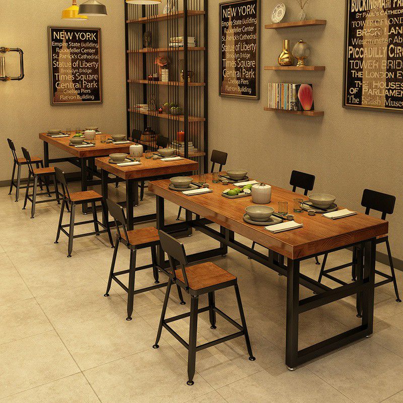 Industrial Standard Dining Room Set with Wood Top and Trestle Base Kitchen Table Set