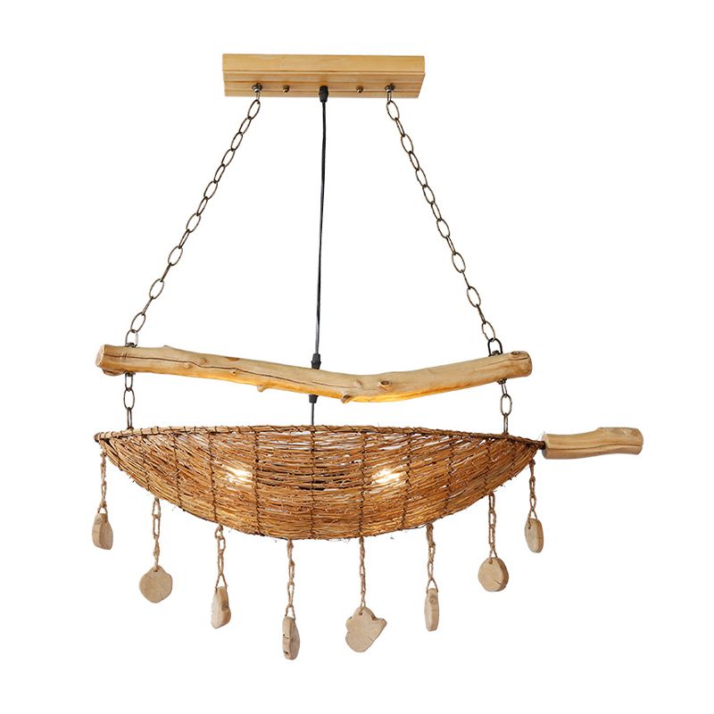 Aziatische bootvorm plafond kroonluchter bamboe rattan 2 heads restaurant ophanging lamp in vlas met hout accent