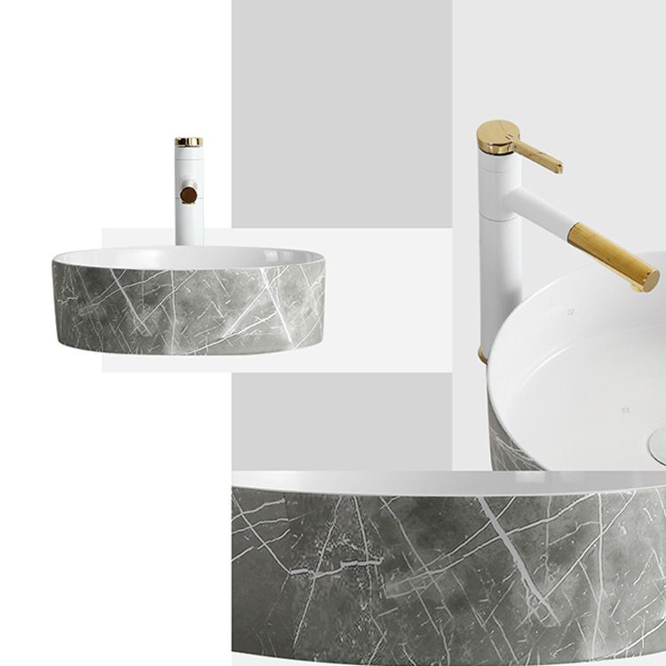 Modern Bathroom Sink Ceramic Marble Pattern Round Bathroom Sink with Pulling Faucet