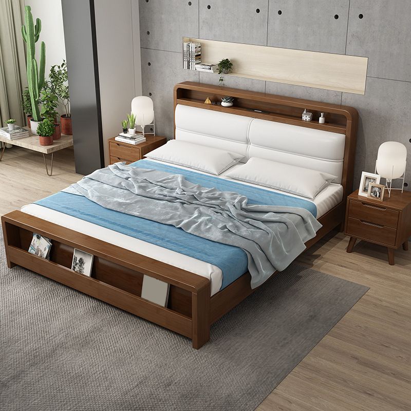 King & Queen Size Wood Panel Bed Nordic Upholstered Bed Frame with Storage