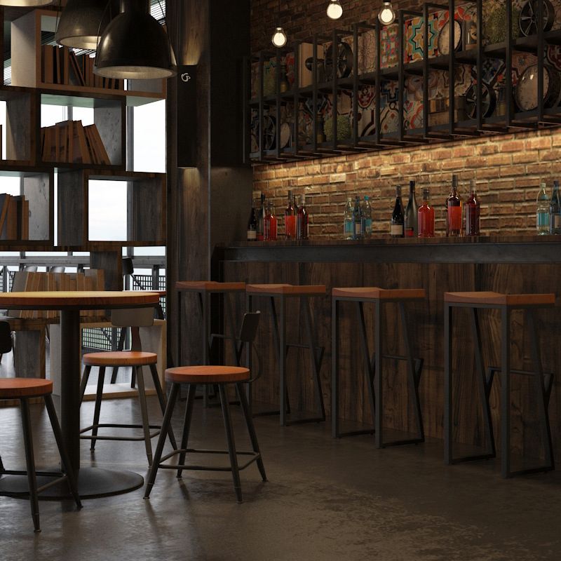 Industrial Wood Top Barstool Iron Sled Pedestal Bar Stool for Indoor