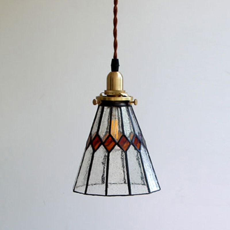 Vintage Conical Pendant Lamp 1-Light Tiffany Glass Hanging Light Fixture in Brass