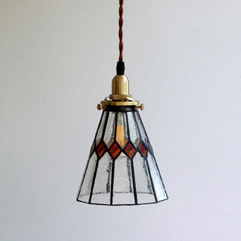 Lámpara colgante cónica vintage 1 Luz de vidrio Tiffany de lámpara de lámpara en latón