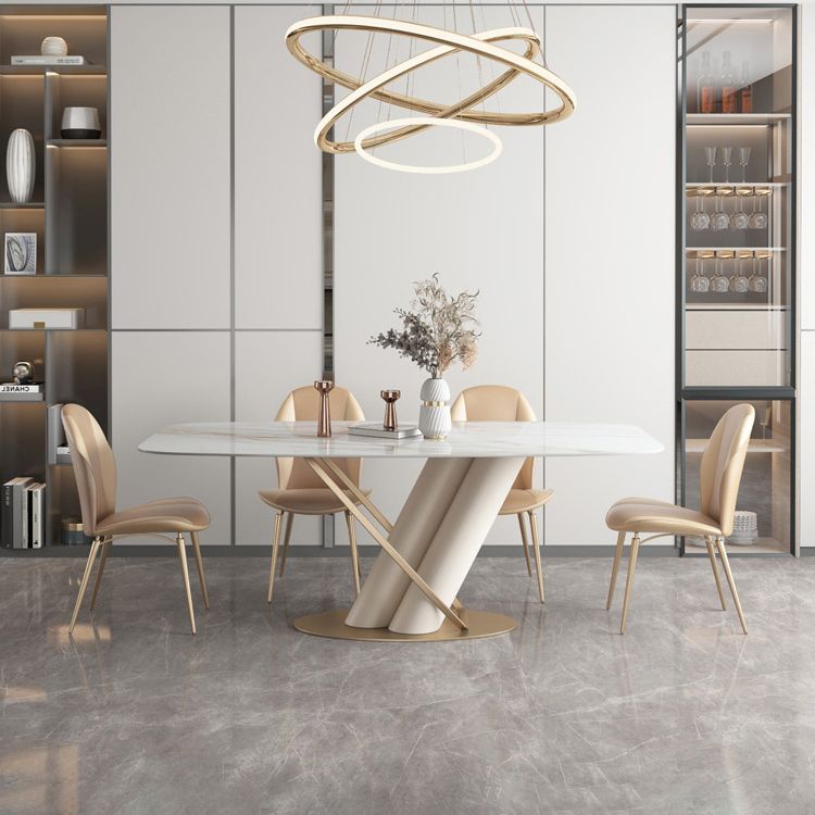 Minimalist Rectangle Dining Set for 4/6 with Glod Chairs Sintered Stone Dining Table with Metal Base