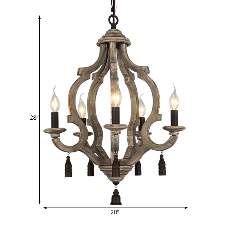 5 Lights Wood Ceiling Light Traditional Dark Wood/Wood/White Lantern Bedroom Chandelier Light