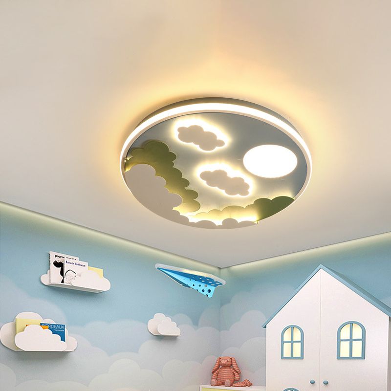 Led Nursery Flush Mount Light Fixture Cartoon Blue Ceiling Lamp with Cloud and Moon Acrylic Shade