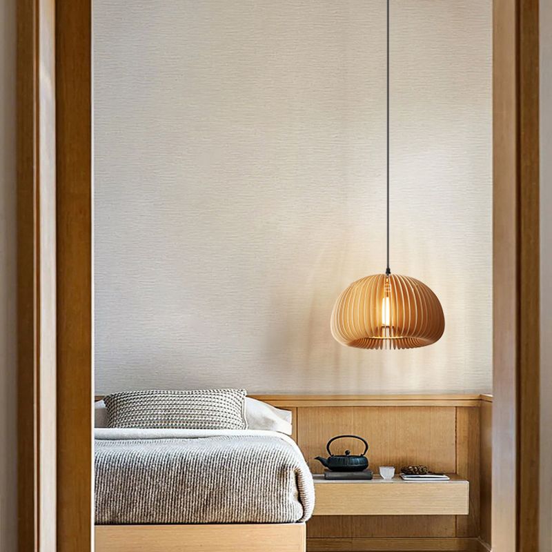 1 Light Pumpkin Shaped Pendant Lamp with Wood Frame Modern Suspension Lighting Fixture