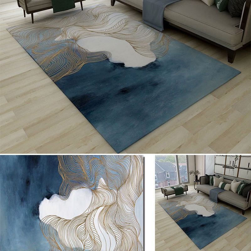 Funky Ink Painting Area Rug Luxury Gold Lines Rug Polyester Anti-Slip Backing Carpet for Home Decor
