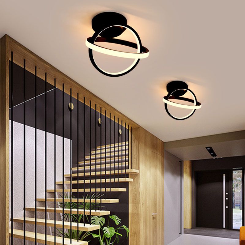 Round Shape Metal Flush Mount Light Modern Style 2 Lights Flush Ceiling Light in Black