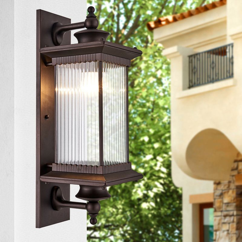 Vintage Rectangle Wall Light Fixture Single-Bulb Ribbed Glass Wall Mounted Lamp for Yard