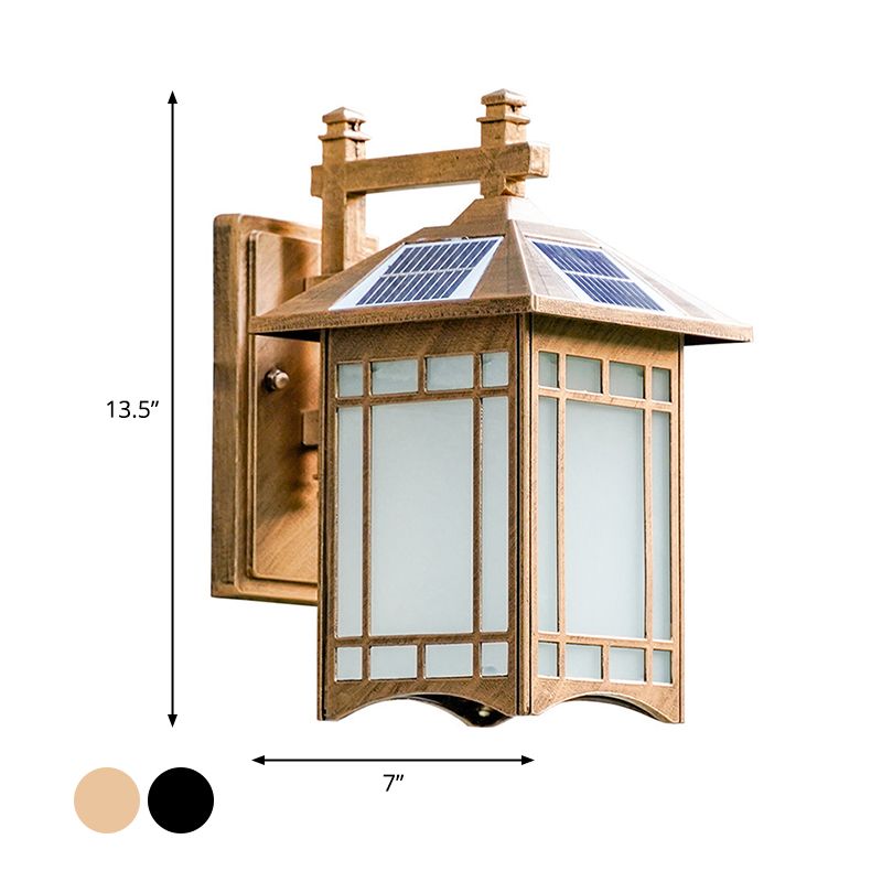 Solar Operated LED House Sconce Light Country Black/Brass Frosted Glass Wall Mounted Light Fixture