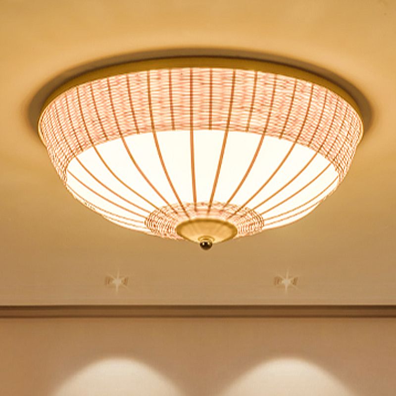 Asian 3 Heads Flush Mount Beige Hemisphere Close to Ceiling Lamp with Bamboo Shade