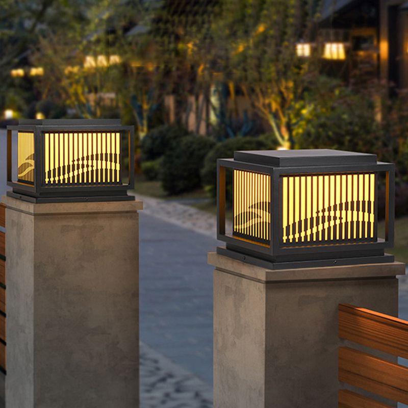 Metal Rectangle Shape Waterproof Pillar Lamp Modern 1 Light Outdoor Light in Black