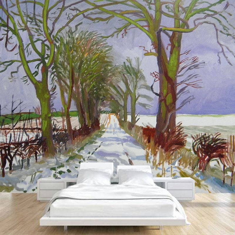 Snowy Country Road Art Murals Nordic Moisture Resistant Living Room Wall Decor, Custom Size