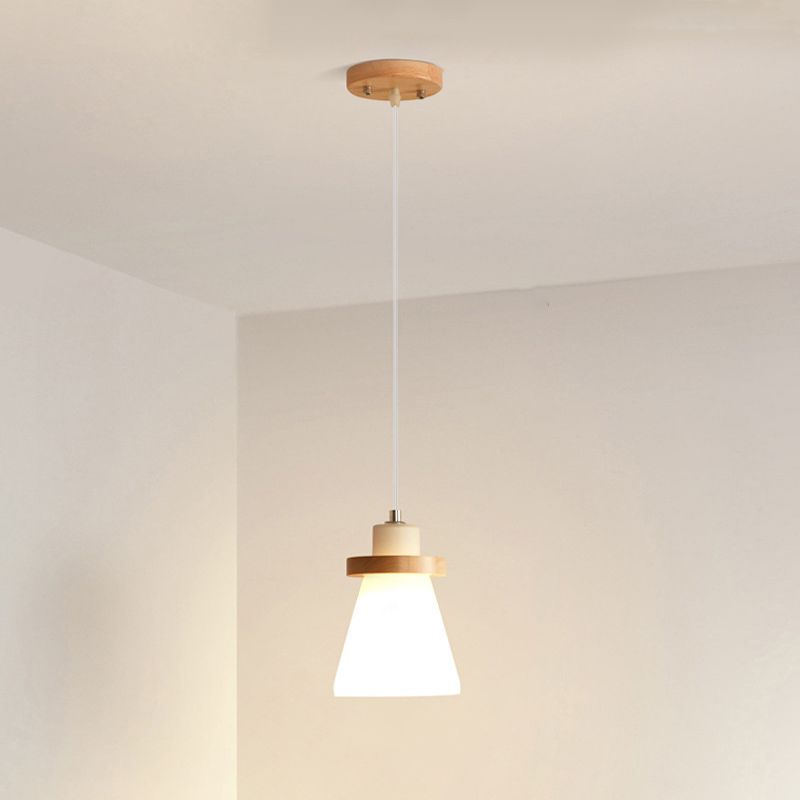 Wood and White Glass Pendant Lamp Simple Modern Suspension Lighting Fixture for Bedroom