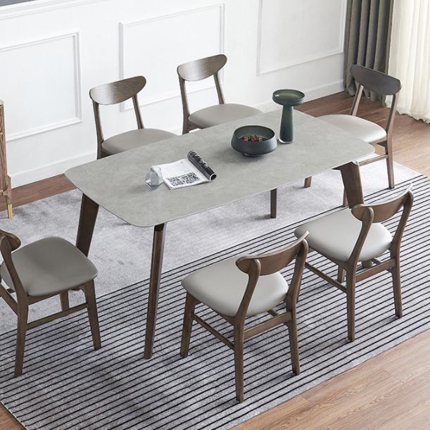 Mid-Century Modern Rectangle Table Grey Sintered Stone Table with 4 Ash Solid Wood Legs