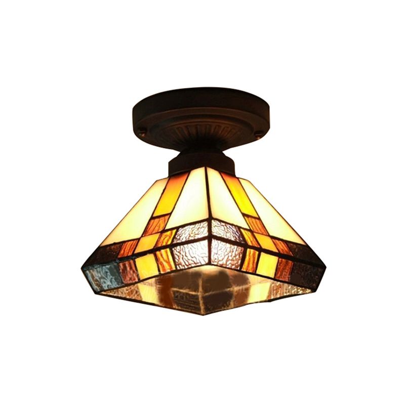 Vintage Tiffany Craftsman Flush Ceiling Light 1 Light Stained Glass Ceiling Lamp in Black/Antique Brass for Corridor