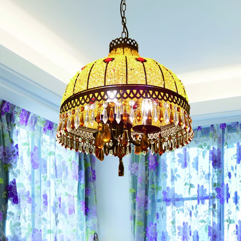 Yellow 3 Lights Hanging Chandelier Southeast Asian Style Crystal Drop Dome Ceiling Light