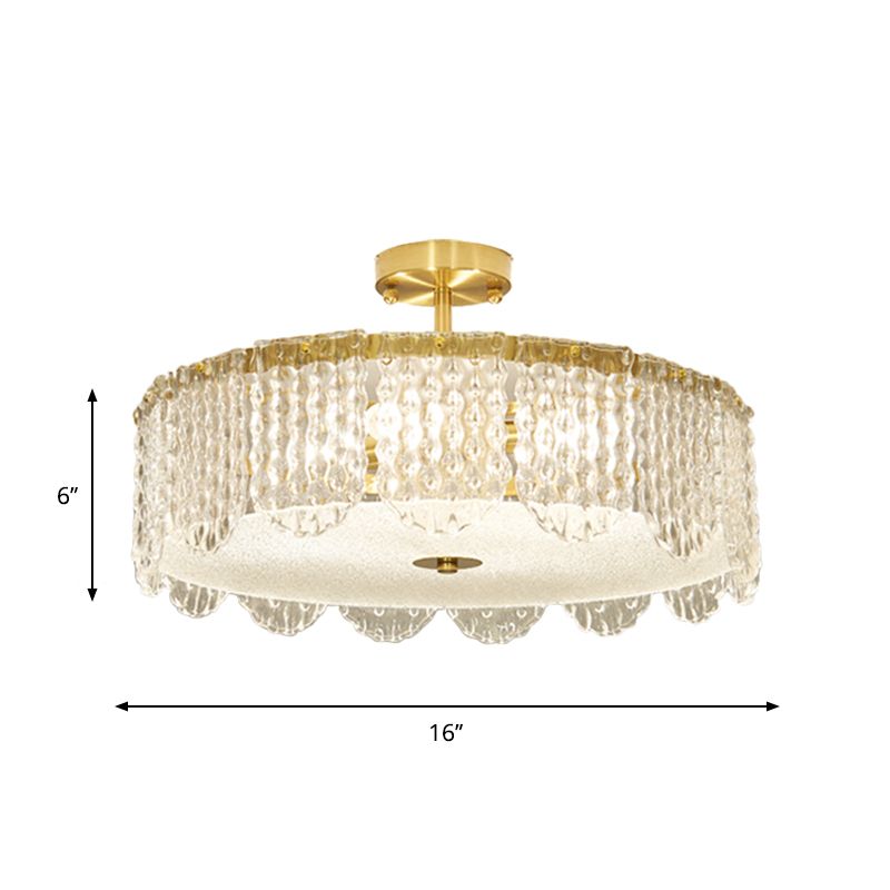Drum Bevel Cut Glass Semi Flush Mount Contemporary 4-Light Gold Close to Ceiling Lamp