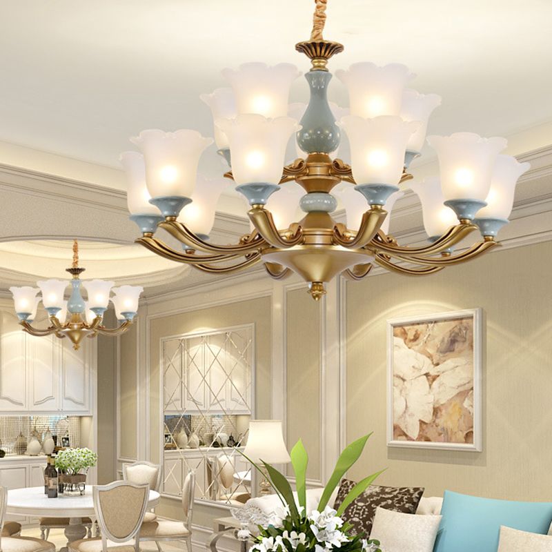 Frosted Glass Blue Chandelier Lighting Flared Classic Pendant Light with Ruffled Edge for Living Room